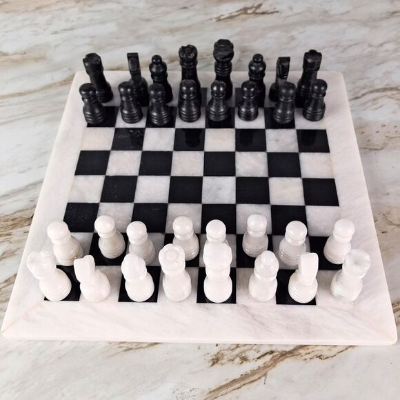 Handmade Marble Chess Set: 12" Black & White chess board & pieces,Christmas gift - Picture 4 of 16